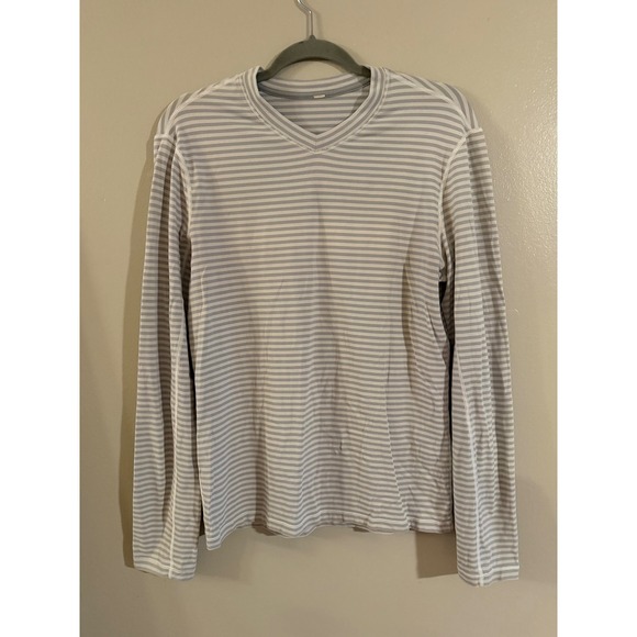 Lululemon Tops - Lululemon V-Neck Long Sleeve Striped Running Top Grey White Mesh Panels